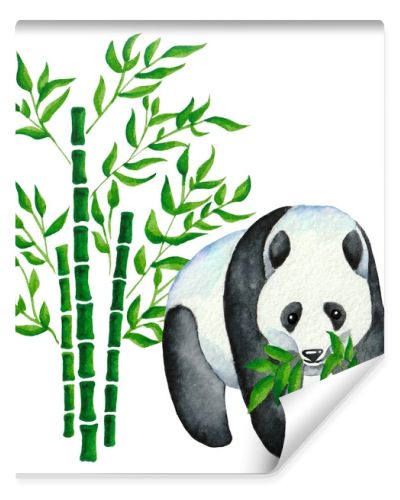 watercolor drawing three trunks of bamboo with green foliage and panda eats leaves