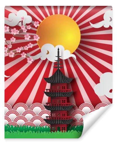 Paper art and craft of spring in  Asian temple with sakura tree and sunlight-cloud background,vector
