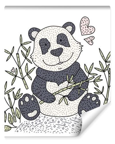 Panda bear Illustration vector with bamboo. Hand drawn cartoon card.