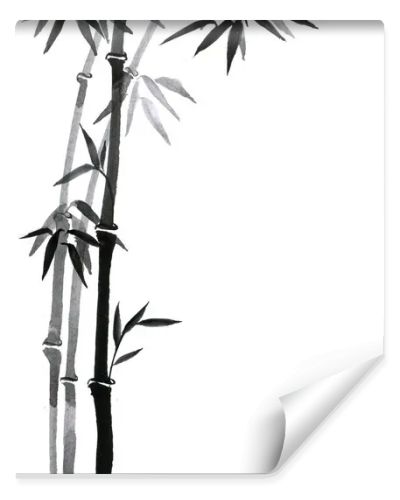 Ink painting with bamboo tree in simple minimalist style on rice paper background. Traditional oriental ink painting sumi-e, u-sin, go-hua. Hieroglyph - clarity.