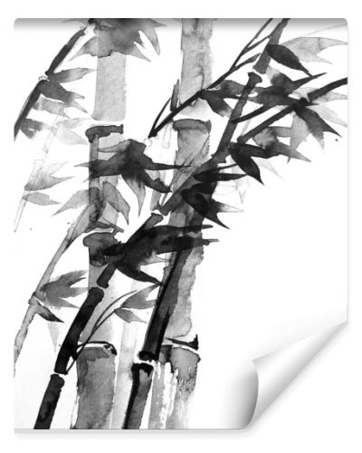 Ink painting with bamboo tree in simple minimalist style on rice paper background. Traditional oriental ink painting sumi-e, u-sin, go-hua. Hieroglyph - clarity.