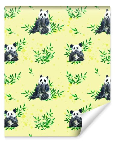 Drawn aquerelle panda print on a yellow background. Textile print. Panda. Bamboo bear. Asia. Japan. China. Lovely watercolor print. Yellow background. Bamboo.