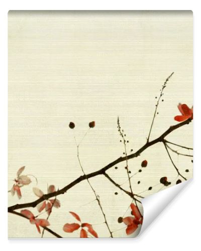 Red Flower And Foliage on Bamboo Textured Background