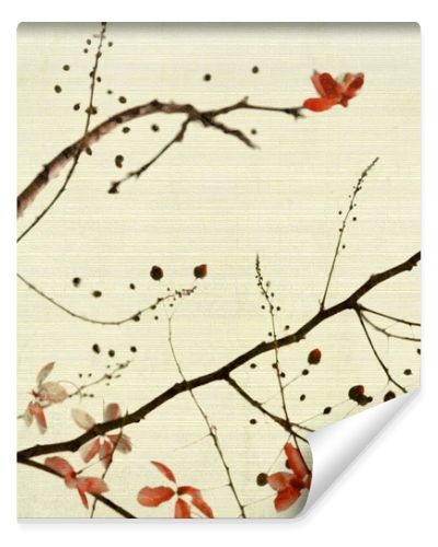Red Flower And Foliage on Bamboo Textured Background
