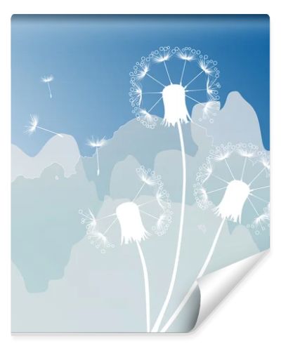 three white dandelions on sky background