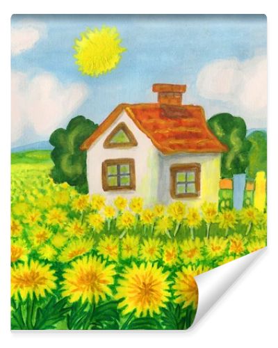 House with yellow dandelions