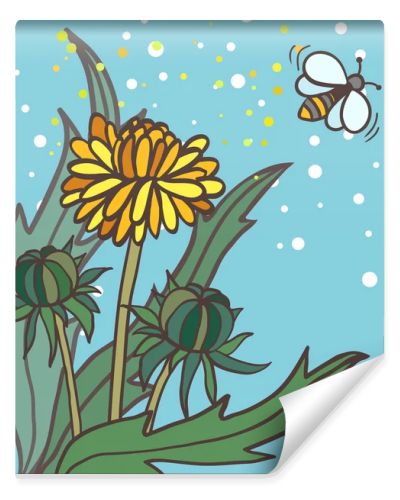 Illustration of three dandelions and bee