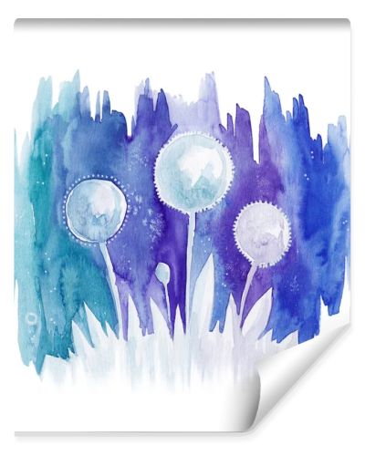 Watercolor blue background with drawing abstract flowers
