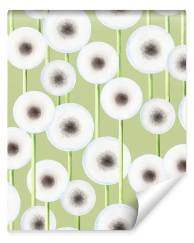 Seamless pattern with dandelions. Watercolor elements on a green background.