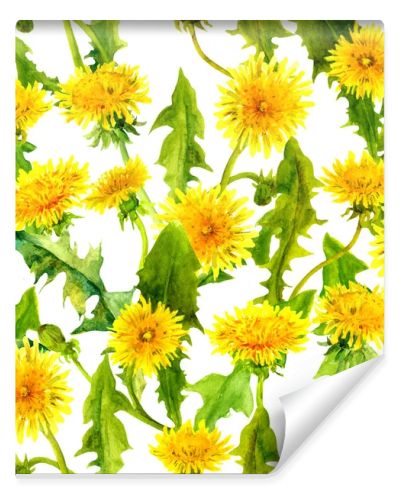 Dandelions seamless pattern. Spring yellow flowers. Watercolor floral repeated background