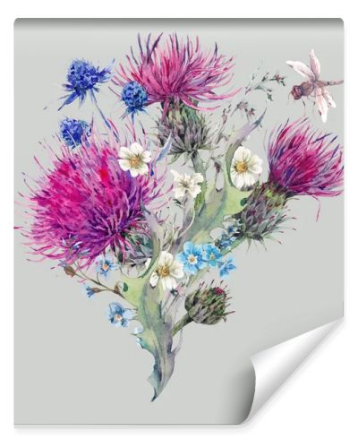 Summer watercolor natural bouquet with wild flowers