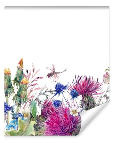 Summer watercolor seamless floral border with wild flowers