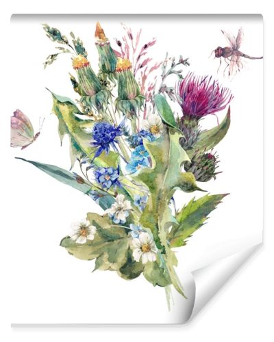 Summer watercolor greeting card with wild flowers, thistles, dan