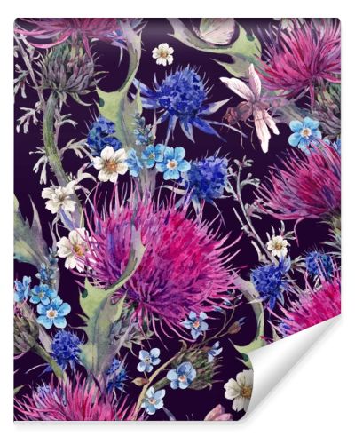 Summer watercolor seamless floral pattern with wild flowers