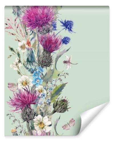Vintage vertical herbal seamless border with Blooming Meadow Flo