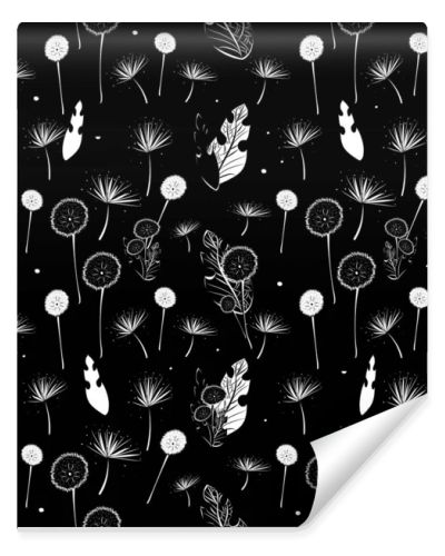 Seamless patterns. Dandelions, seeds and leaves on a black background. Contrast endless illustration.