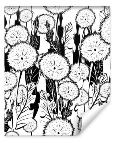 Seamless patterns. Fluffy large dandelions and leaves on a white background. Contrast endless illustration.