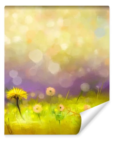 Oil painting nature grass flowers- yellow dandelions