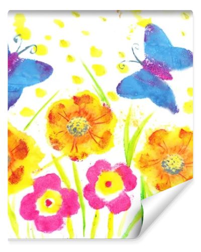 This artwork butterfly batik. Child drawing watercolor flowers, 