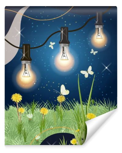 Print, light bulbs, garland, beautiful cover, summer, dandelions, shine, starry sky, butterflies, summer time