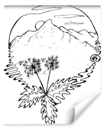 Black and white drawing of mountains, sun, clouds, dandelions in the foreground, in the style of a tattoo