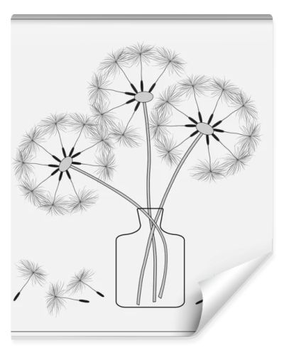 dandelions in a vase, vector image black and white