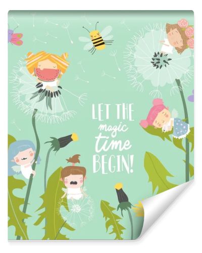 Cute little cartoon fairies flying above dandelions