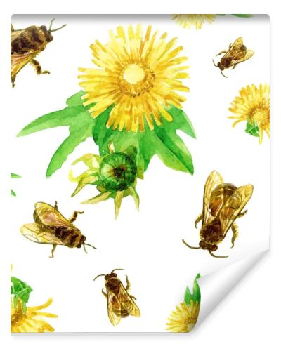 Seamless pattern of dandelions and bees in watercolor.