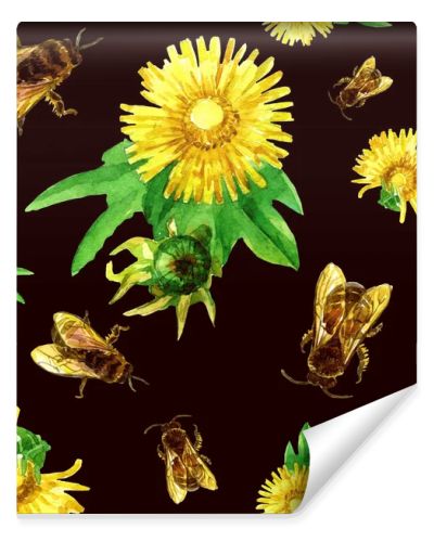 Seamless pattern of dandelions and bees in watercolor.
