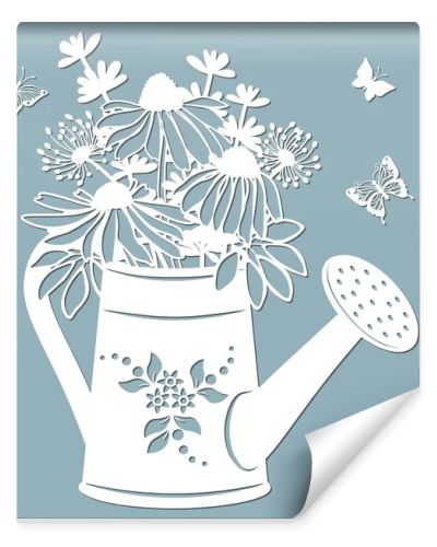 Echinacea, dandelions with Scheffler in a jar of water. watering can. Vector illustration. Paper flower, stickers. Laser cut. Template for Plotter. Pattern for the laser cut, serigraphy, plotter and screen printing