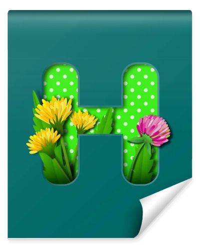 Letter H with paper summer wildflowers dandelions and clover. Style of paper craft. Vector illustration.Decoration origami element for birthday or greeting design