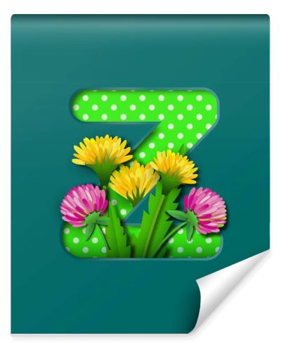 Letter Z with paper summer wildflowers dandelions and clover. Style of paper craft. Vector illustration.Decoration origami element for birthday or greeting design