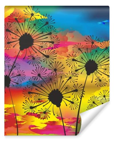composition with overlapping sun, grasses and dandelions