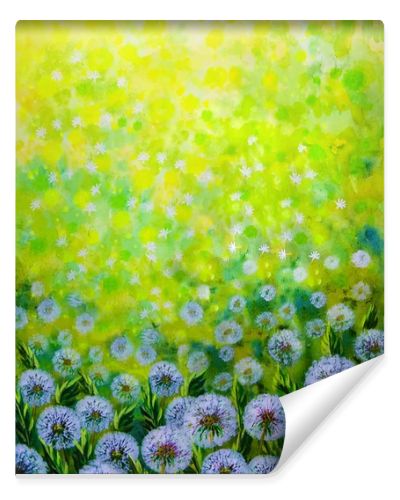 Background , watercolor drawing - a field with dandelions illuminated by the sun 