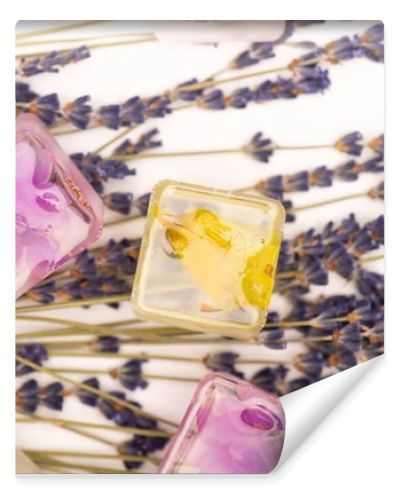 top view of floral and fruit ice cubes and lavender twigs on white surface