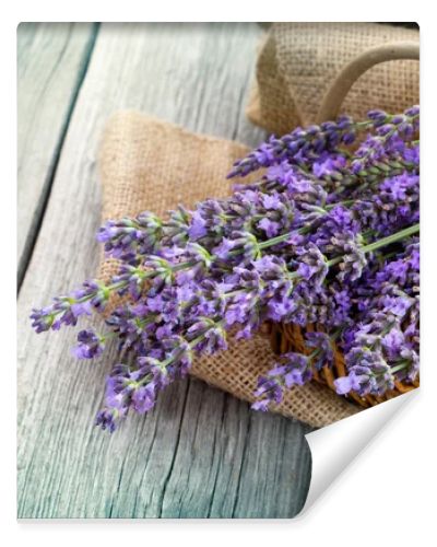 lavender flowers in a basket with burlap on the wooden backgroun