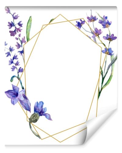 Purple lavender flowers. Watercolor background illustration. Frame border ornament. Gold crystal stone polyhedron mosaic shape amethyst gem.