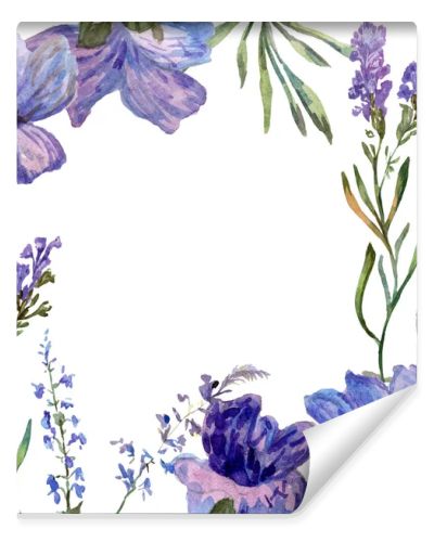 Purple lavender flowers. Wild spring flowers. Watercolor background illustration. Frame border square.