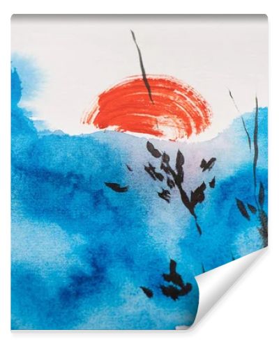 Japanese painting with blue sky, branches and sun on white