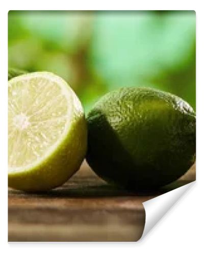 panoramic shot of cut and whole limes on wooden surface 