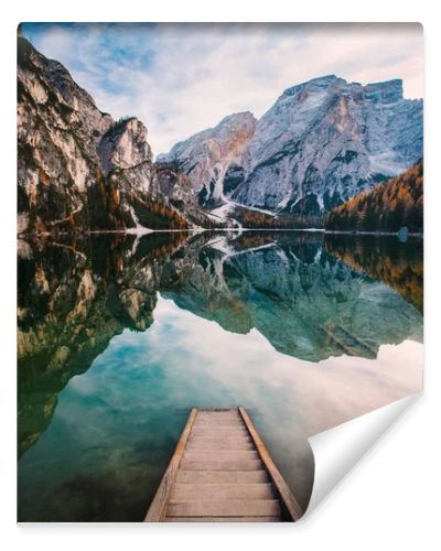 Amazing view of Lago di Braies (Pragser Wildsee), most beautiful lake in South Tirol, Dolomites mountains, Italy. Popular tourist attraction. Beautiful Europe.