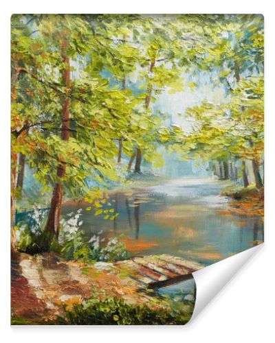 Oil painting landscape - autumn forest near the river, orange leaves