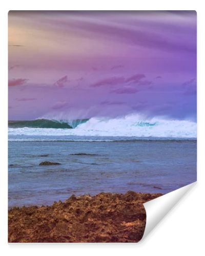 Beautiful sea landscape in early sunset on the background of dramatic cloudy sky and corals. Siargao island, Philippines.