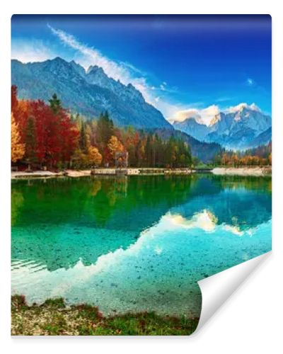 Jasna lake with beautiful reflections of the mountains. Triglav National Park, Slovenia. Panoramic view