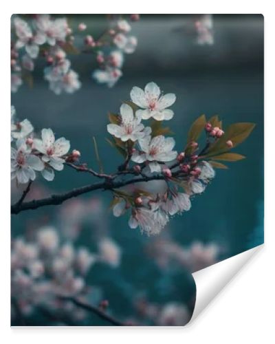 A closeup shot of blooming cherry blossom branches on a blue background