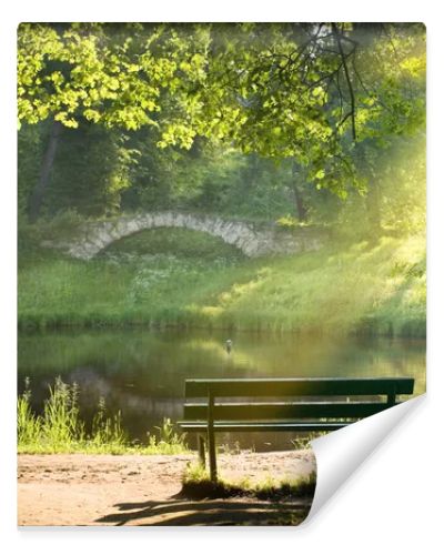 a bench in the park at sunset 