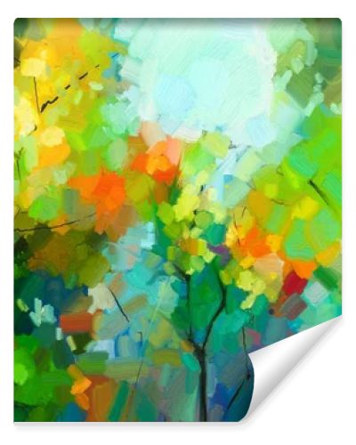 Abstract colorful oil painting landscape on canvas. Semi- abstract of tree in forest. Green and red leaves with blue sky.