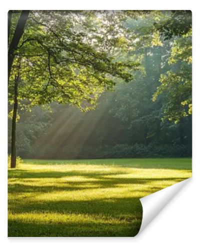 serene forest scene with sunlight filtering through trees, creating peaceful atmosphere.