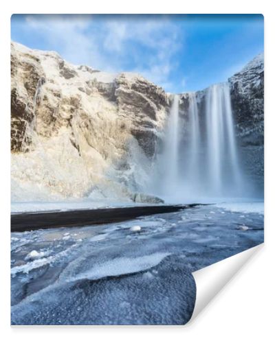 Beautiful Skogafoss waterfall in winter. Iceland.