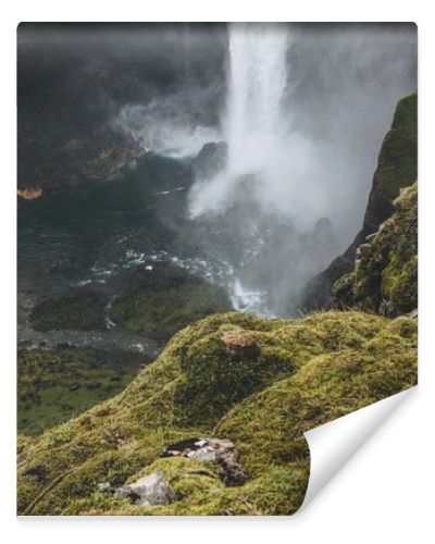 aerial view of Haifoss waterfall with green cliff on foreground, Iceland